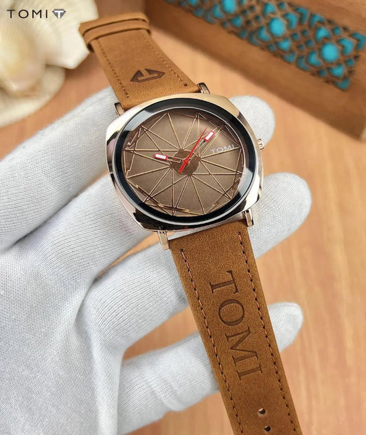 TOMI Classic Brown Geometric Dial Wristwatch
