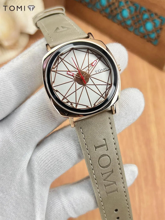 TOMI Classic Brown Geometric Dial Wristwatch